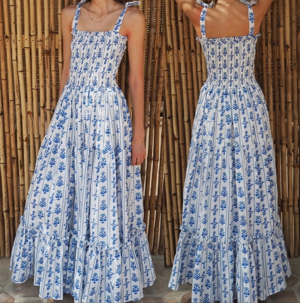 Smocked Tie-Shoulder Maxi Dress in White & Blue